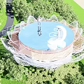 Lotus Shaped Observation Deck With Blue Circular Platform And White Mesh Structure Surrounded By Trees 3d model