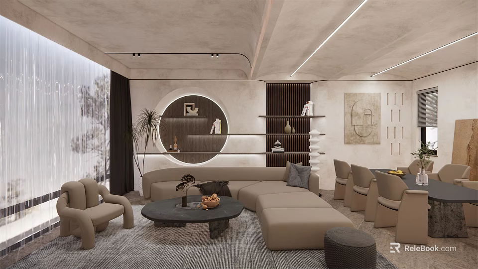 Modern Living Dining Room Interior Design With Circular Mirror Beige Sofa Coffee Table And Chairs 3d model 