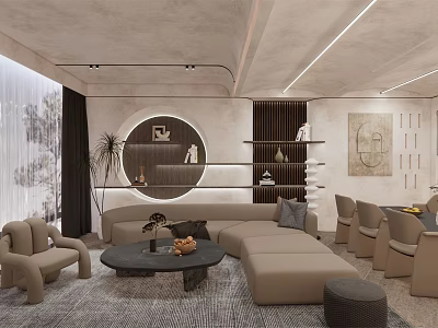 Modern Living Dining Room Interior Design With Circular Mirror Beige Sofa Coffee Table And Chairs 3d model