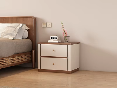Modern Bedroom Bedside Table With Two Drawers Books Clock And Pink Flower Vase 3d model