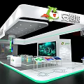 Modern Exhibition Booth With White Curved Roof Colorful Light Column Green Base And Display Tables