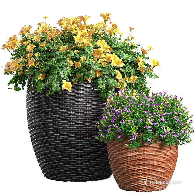 Bonsai Potted Plants with Black Brown Woven Pots Yellow Purple Flowers and Green Leaves 3d model 