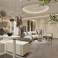 Modern Clothing Store Interior With Arc Entrance Displayed Clothes Hanging Lights And Plants