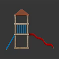 Playground Equipment with Red Roof Wooden Structure Blue Railings and Red Slide