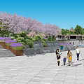 Scenic Circular Plaza Landscape Featuring Central Fountain Greenery And Waterfront Walkways