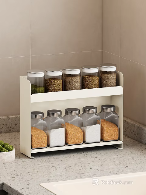 Double Layer White Kitchen Storage Rack With Glass Jars For Grains And Spices 3d model