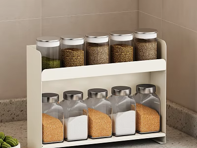 Double Layer White Kitchen Storage Rack With Glass Jars For Grains And Spices 3d model
