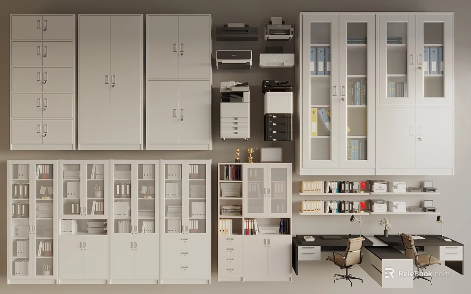 Modern Office Space With White Cabinets Bookshelves Printers Trophies And Desks 3d model 