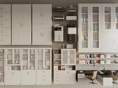 Modern Office Space With White Cabinets Bookshelves Printers Trophies And Desks 3d model
