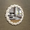 Round Decorative Mirror with White Leaf Frame Reflecting Bedroom Interior Wooden Floor Copper Lamp