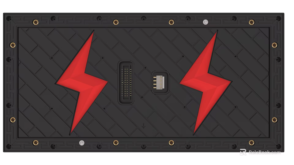 Black Grid Textured Device Panel With Red Lightning Bolts And Metal Connectors 3d model 