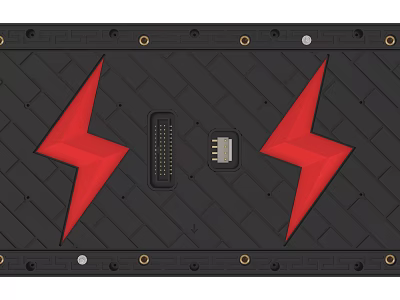 Black Grid Textured Device Panel With Red Lightning Bolts And Metal Connectors 3d model