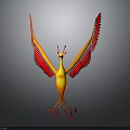 3D Model of Phoenix with Red and Yellow Spread Wings on Gray Background