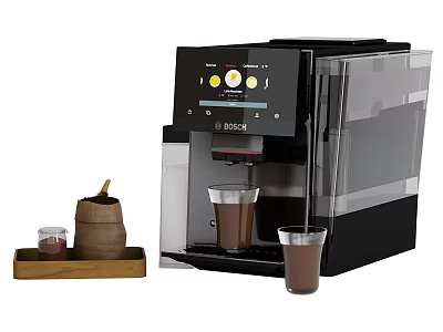 Modern Automatic Coffee Machine Essential Kitchen Appliance With Coffee Cups And Powder 3d model