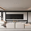 Modern Open Concept Living Dining Area With Sofa Fireplace And Cabinets 3d model