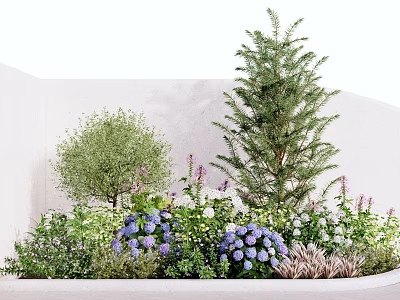 Outdoor Garden Plant Combination with Tall Trees Medium Shrubs Purple White Flowers and Green Foliage 3d model