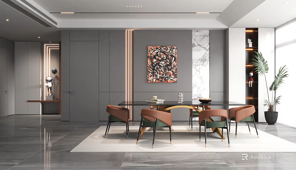 Modern Restaurant Interior With Gray Walls Marble Dining Table Brown Green Chairs Art Painting 3d model 