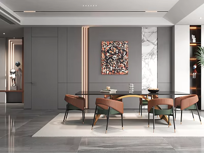 Modern Restaurant Interior With Gray Walls Marble Dining Table Brown Green Chairs Art Painting 3d model