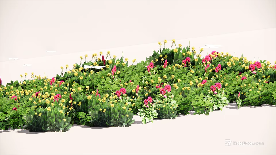 Vibrant Garden Bed With Red Yellow Flowers And Lush Green Leaves 3d model 