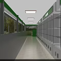 Green Themed Pharmacy Corridor Featuring Glass Medicine Cabinets And Windows With Trees Outside