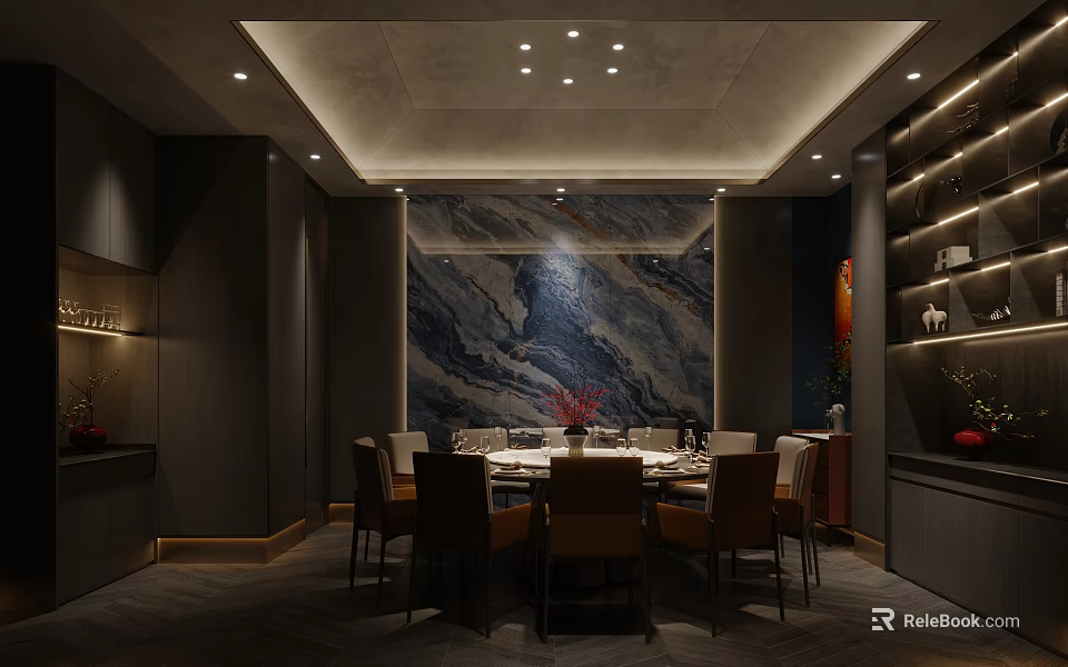 Elegant Private Dining Room With Marble Wall Round Table And Ambient Lighting 3d model 