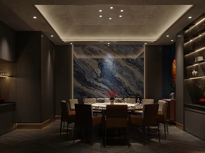 Elegant Private Dining Room With Marble Wall Round Table And Ambient Lighting 3d model