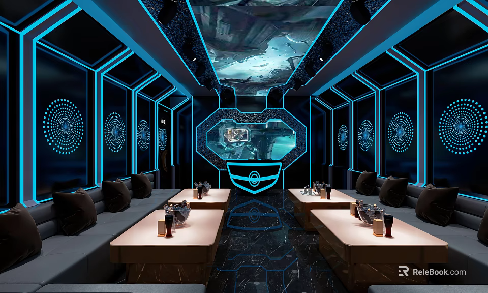 Futuristic KTV Lounge With Blue Lighting Hexagonal Design Sofas And Ceiling Decor 3d model