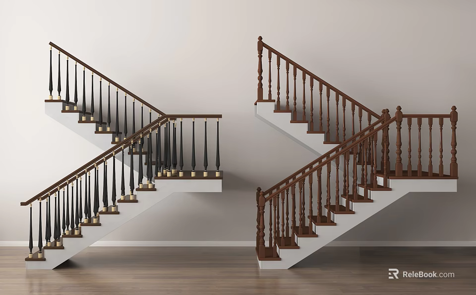 Modern Staircase Design With Black And Wooden Railings Gold Accents White Steps And Wooden Floor 3d model 