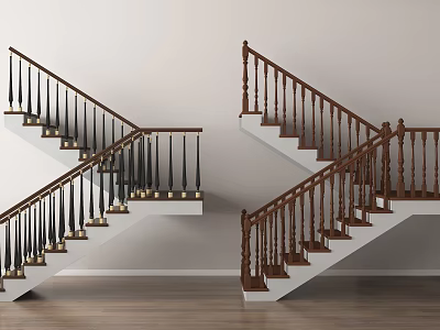 Modern Staircase Design With Black And Wooden Railings Gold Accents White Steps And Wooden Floor 3d model