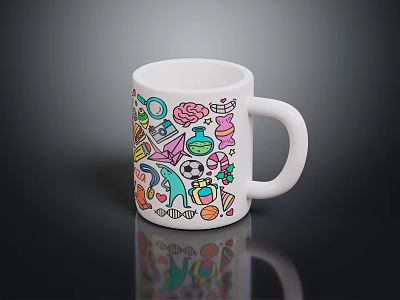 White Ceramic Mug With Colorful Various Icons And Decorative Surface Patterns 3d model