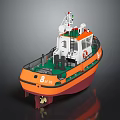 Orange and Red Tugboat with Green Deck Cabin and Mast Equipment