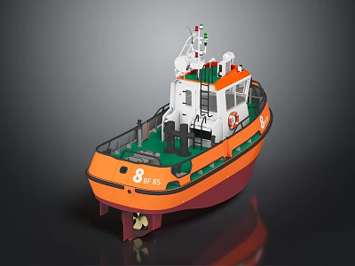Orange and Red Tugboat with Green Deck Cabin and Mast Equipment 3d model