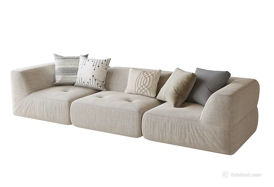 Modern Beige Sectional Sofa With Patterned Pillows And Soft Comfortable Fabric 3d model