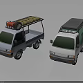 Two Small White Trucks Featuring Yellow Roof Rack Red Equipment And Green Staff Label