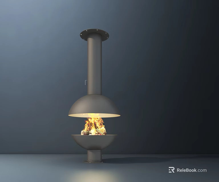 Modern Metal Fireplace With Vertical Chimney And Burning Fire Design 3d model