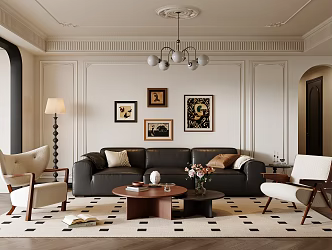 French Middle Style Living Room Sofa Coffee Table Combination Leather Sofa Floor Lamp French Hanging Painting French Chandelier Plaster Line Carved Vase 3d model