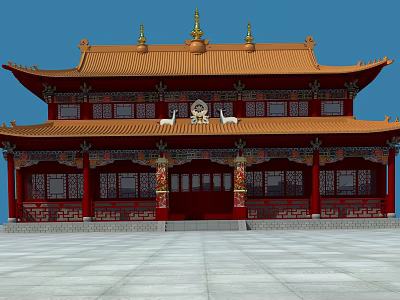 Ancient Chinese Architecture Traditional Red Structure With Golden Yellow Roof Curved Eaves And Ornate Windows 3d model