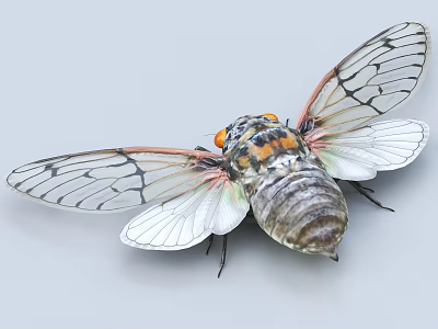 Cicada Flying Insect With Transparent Wings Black Patterns Orange Eyes And Spotted Body 3d model