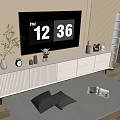 Modern TV Stand with Television Decorative Items Clock and Striped Rug