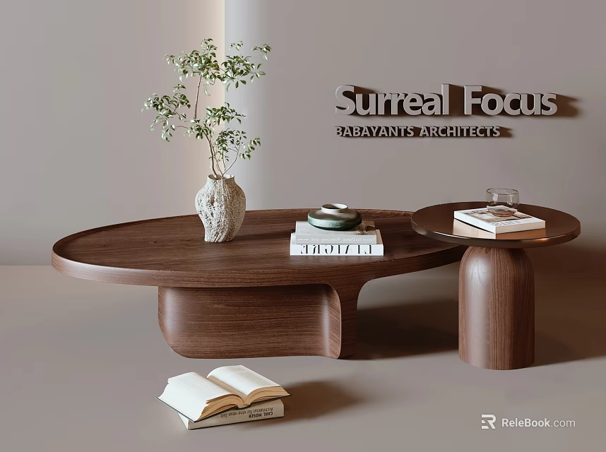 Modern Walnut Wooden Oval Coffee Table With Vase Green Plants And Stacked Books 3d model 