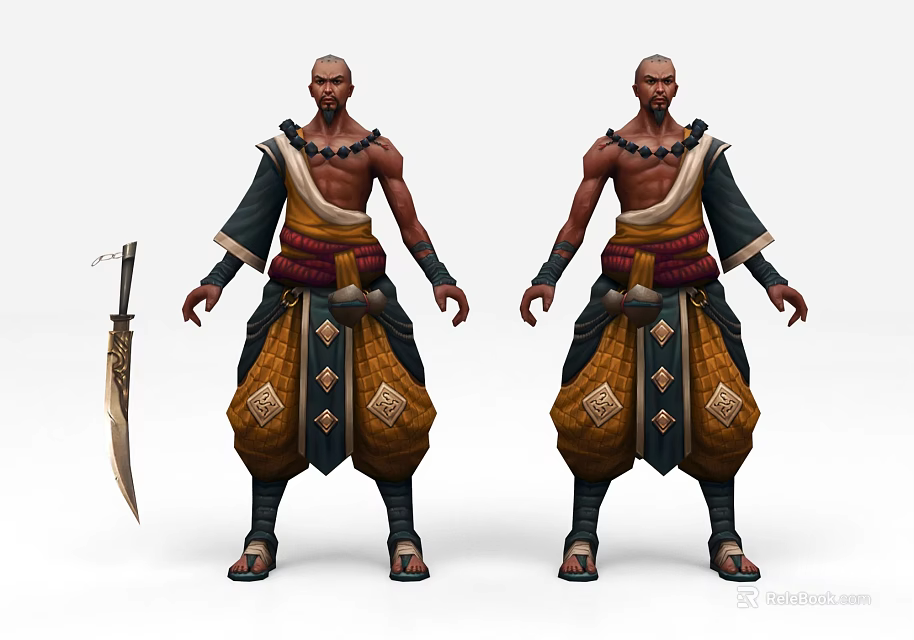 Game Character Male Bald Head With Traditional Costume Decorative Pants And Weapon 3d model 