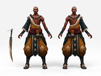 Game Character Male Bald Head With Traditional Costume Decorative Pants And Weapon 3d model