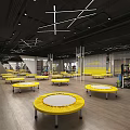 Modern Gym Interior With Fitness Equipment Hexagon Pendant Lights Black Floors Yellow Markings