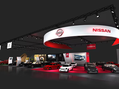 NISSAN Exhibition Booth Showcasing Various Cars With Curved Canopy Red Carpet And Lighting 3d model