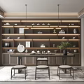 Modern Tea Room Interior With Wooden Shelves Tea Sets Decorative Items And Soft Lighting