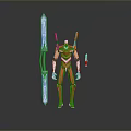 Red and White Robot Character Standing With Purple Sword And Weapon Accessory
