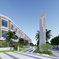 Modern Hotel Building with Palm Trees Water Fountain Glass Facade and White Pergola Landscaping