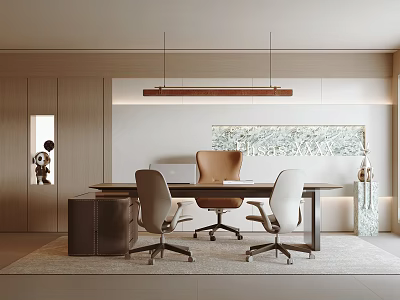 Modern Office Interior With Wooden Desk Three Chairs Pendant Light And Decorative Painting 3d model