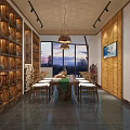 Elegant Traditional Teahouse Interior With Wooden Shelves Tea Sets And Seating Area