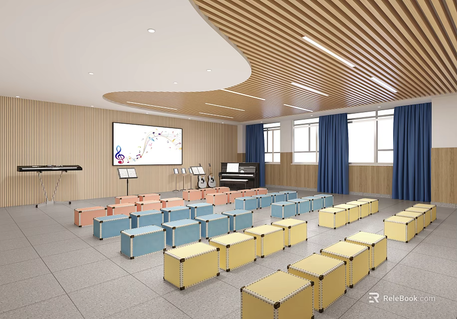 Modern Music Classroom Interior With Colorful Stools And Instruments 3d model